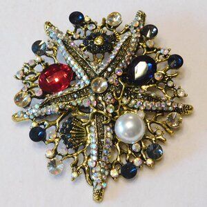 Rhinestone Encrusted Faux Pearl Starfish Mermaid Style Brooch